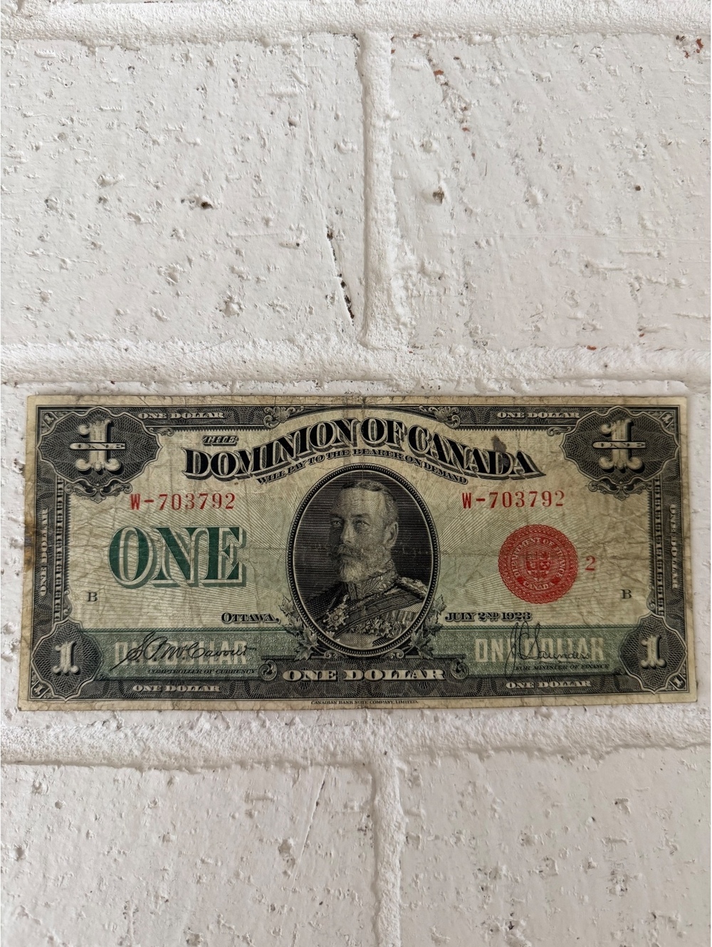 Vintage Dominion of Canada One Dollar Bill 1923 with King George V Portrait